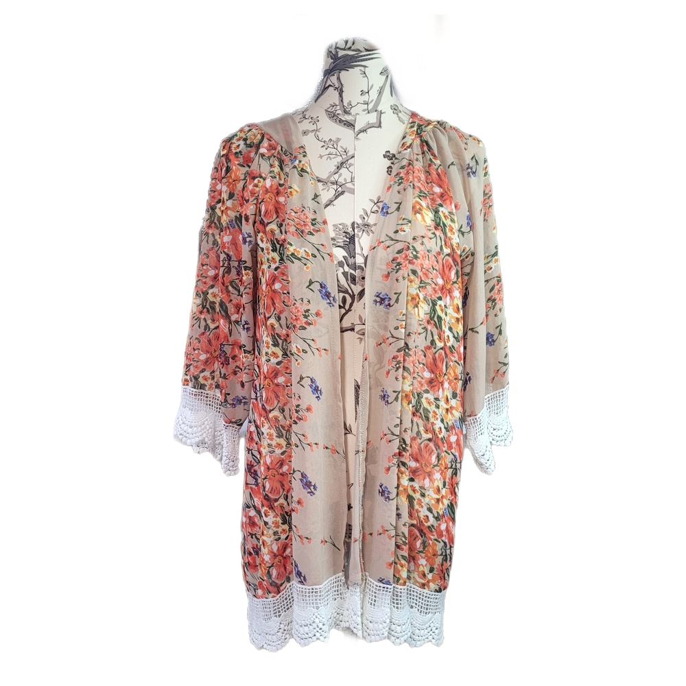 Cardigan Size L Floral Semi Sheer Black Crochet Trim Pleated Drape Front